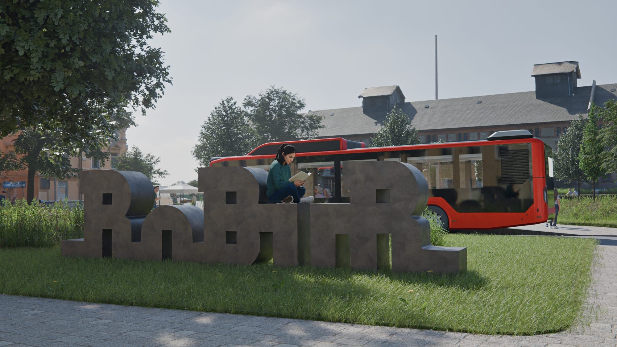 Visualisierung: Großer Schriftzug „Robur“ aus dunklen Betonbuchstaben auf einer Rasenfläche. Eine junge Frau sitzt lesend auf den Buchstaben, dahinter fährt ein roter Bus vor dem Lagerhaus vorbei.